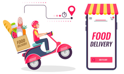 Online delivery service , online order tracking, delivery home and office. Scooter delivery. Shipping. Man on the bike. Vector illustration
