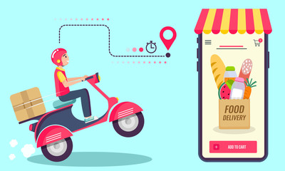 Online delivery service , online order tracking, delivery home and office. Scooter delivery. Shipping. Man on the bike . Vector illustration
