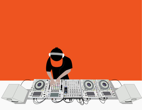 Vector graphic for poster. Image on DJ and music themes. Material for creating a flyer. Rectangle for drawing on a t-shirt. DJ console, CDJ players and speakers. Man in headphones and a cap. Minimal.