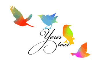 Fototapeta premium Multi-colored birds. A flock of flying rainbow birds. A lot of soaring birds. Mixed media. Vector illustration