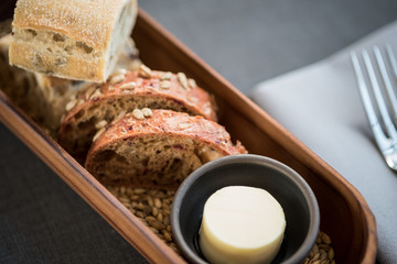 Homemade bread slices with homemade butter