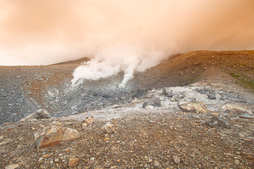 volcano and yellow clouds