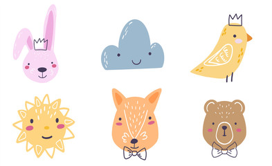 Cartoon animals with bow tie and crown. Foxy, bunny, teddy bear, cloud, sun and bird for the design of children's posters, clothes and other cute things.