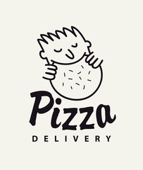 Vector banner or logo for a pizzeria with the inscription Pizza delivery and a small person who eats pizza. Black and white illustration for a pizza restaurant with an online ordering option