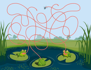 Three frogs tried to catch a mosquito. Guess which of them managed to catch the insect. Children's game picture riddle with a maze