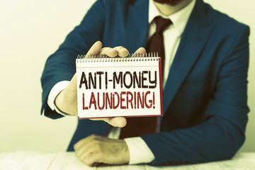 Conceptual hand writing showing Anti Money Laundering. Concept meaning regulations stop generating...