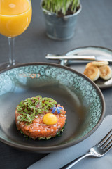Salmon tartare with cucumber, onions, small leaves
