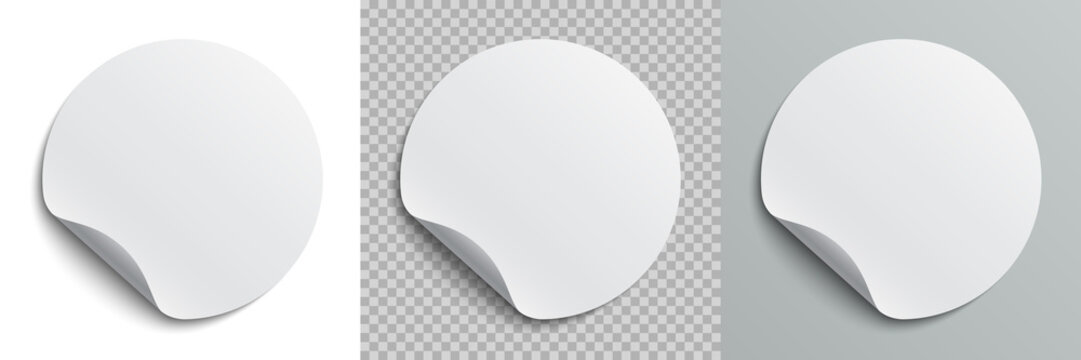 Set circle adhesive symbols. White tags, paper round stickers with peeling corner and shadow, isolated rounded plastic mockup,  realistic set round paper adhesive sticker mockup with curved corner