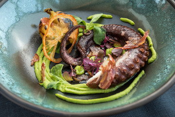 Cooked squid with potatoes, vegetables and purée