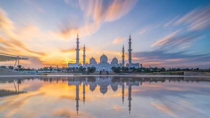 Sheikh Zayed Grand Mosque and Reflection in Fountain at Sunset - Abu Dhabi, United Arab Emirates (UAE)
