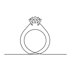 Continuous line drawing. Ring with precious stone. Template for love cards and invitations. Black isolated on white background. Hand drawn vector illustration. 