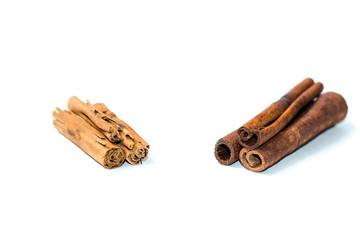 Chinese cassia originated from China and ceylon cinnamon verum from Sri Lanka bark sticks on a white isolated background the difference between real and fake