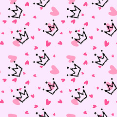 Crown and heart, girly sweet vector seamless pattern. Romantic style, hand drawn elements. Texture, pink, black trendy colors. Applicable as endless textile or wrapping paper prints and backgrounds.