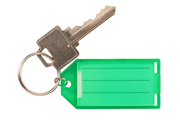 Keychain with a blank label for identification, isolated on white background. Cut out.
