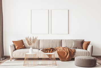 Interior design of modern Scandinavian apartment, living room in neutral colors, 3D rendering - obrazy, fototapety, plakaty
