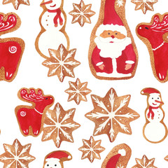 Pattern of watercolor gingerbread cookies for the New Year and Christmas theme.