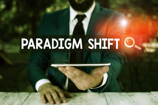 Text sign showing Paradigm Shift. Business photo showcasing fundamental change in approach or underlying assumptions Businessman with mobile phone in his hand