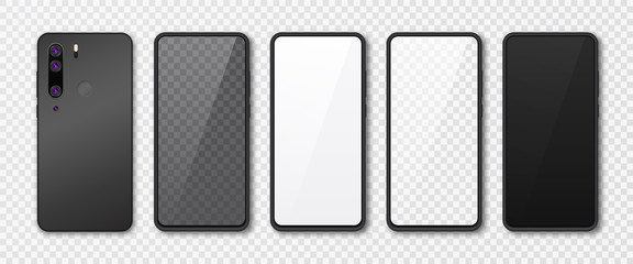 Realistic smartphone mock up set. Mobile phone display isolated on white gray background. 3D template illustration. Vector illustration