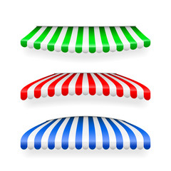 Realistic striped shop sunshade. Store awning. Shop tent isolated set. Vector illustration