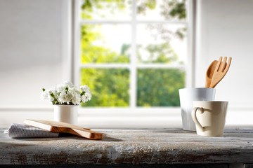 Desk of free space and blurred window background 