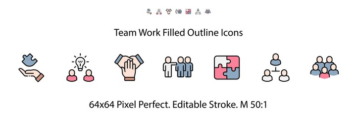 Team Work Filled Outline Icons. Colorful Linear Set Vector Line Icon. Cooperation, Collaboration, Team Meeting and more. 64x64 Pixel Perfect. Editable Stroke