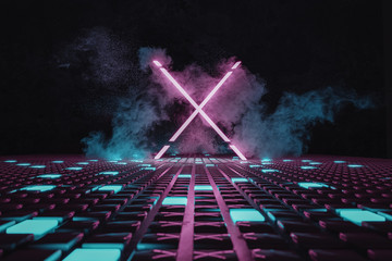 3d rendering of magenta lighten X shape on glossy tiles floor and surrounded by smoke