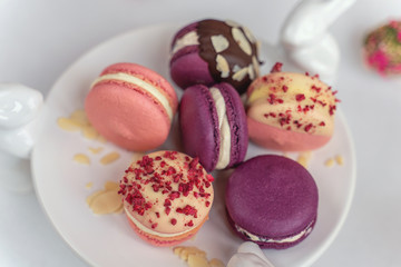Macaron cake of different colors of large size in a beautiful layout on a light white background