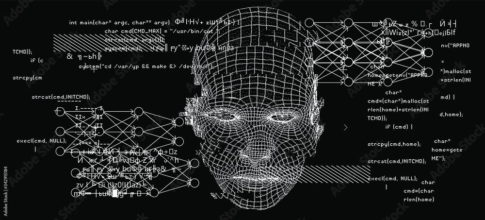 Poster abstract composition of human face wireframe and glitched elements. the subject of mind, reason, tho