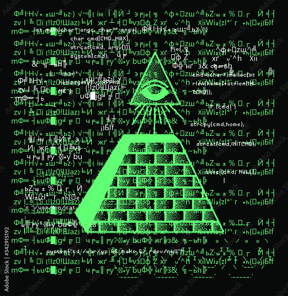 Poster the eye of providence (or the all-seeing eye) on dark background with malware code injection. concep