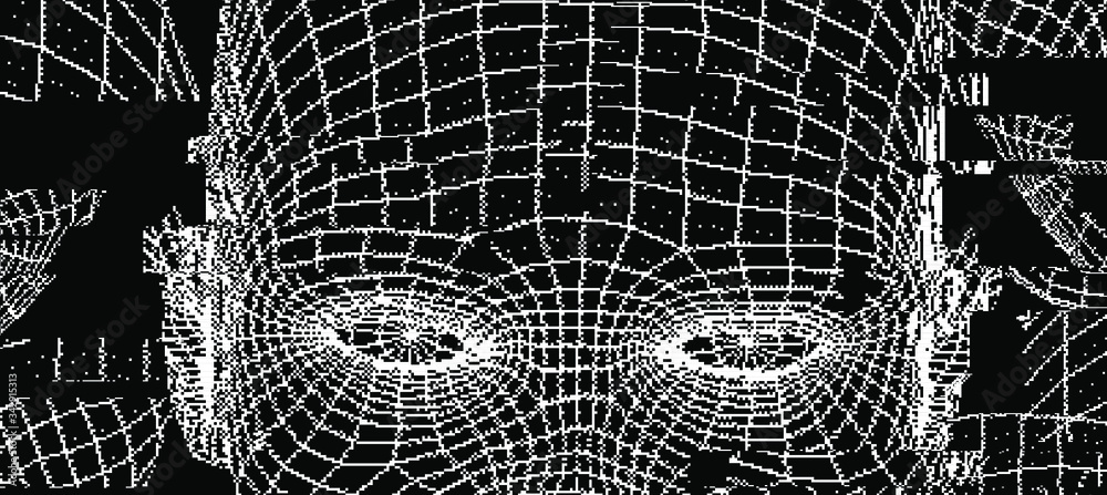 Poster abstract composition of human face wireframe and glitched elements. the subject of mind, reason, tho