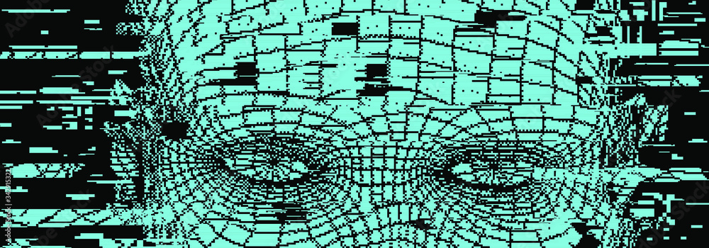 Poster abstract composition of human face wireframe and glitched elements. the subject of mind, reason, tho