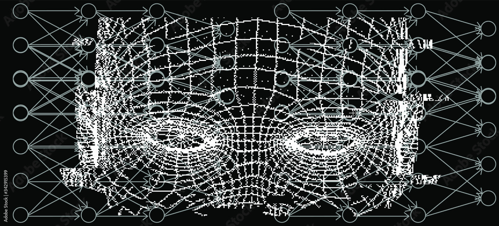 Poster artistic abstraction composed of human face wireframe and glitched elements on the subject of mind, 