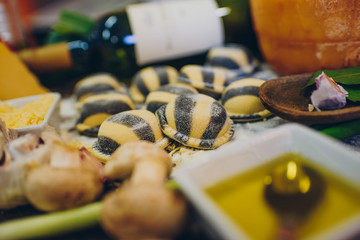 Fresh pasta, fruits and vegetables on wooden table