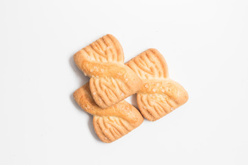 Cookies biscuits with sugar on top on white background in top view