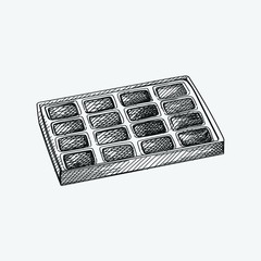 Hand-drawn sketch of Tin Palette case for watercolors on a white background. Tin palette for drawing. Drawing set. Tools for an artist