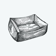 Naklejka na ściany i meble Hand-drawn sketch of Pet Bed on a white background. Pet Bed with pillow. Pet supplies. Care for home animals. 