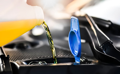 Pouring summer liquid or yellow car fluid for washing car.