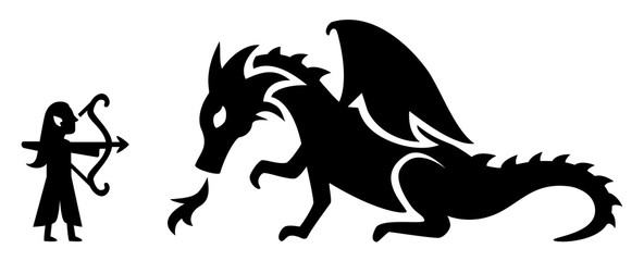 Medieval fantasy elf archer fighting a fire-breathing dragon. Silhouettes isolated on white.