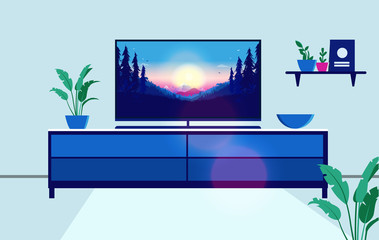 Tv with nature show on screen. Television on bench in living room with beautiful forest scene. Screensaver, program, relaxing in front of tv concept. Vector illustration.