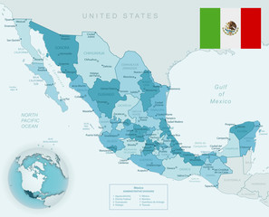 Blue-green detailed map of Mexico administrative divisions with country flag and location on the globe.