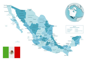 Mexico administrative blue-green map with country flag and location on a globe.