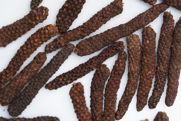 Long pepper or Piper longum on white background
Long black pepper (Also called as Pipli in Indian, capsicum frutescens, Balinese pepper, Jaborandi pepper, Bengal pepper, Dipli in Thai, Piper longum)