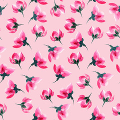 Pink sakura flowers pattern background, watercolor floral blossom petals and buds seamless decoration. Cherry blossom or Japanese sakura pink flowers, blush watercolor pattern for textile print design