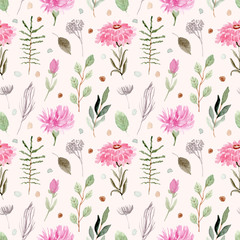 cute pink green floral watercolor seamless pattern