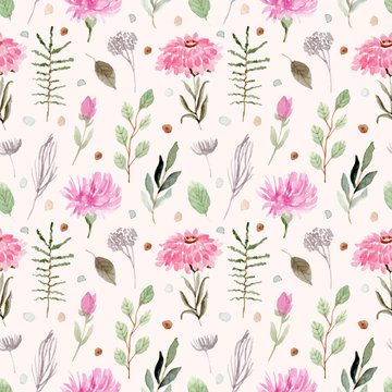 cute pink green floral watercolor seamless pattern
