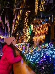 niña mirando las luces de navidad de una tienda en Alsacia