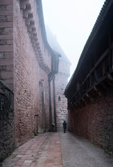 muros de piedra de fortaleza antigua cubierta de niebla