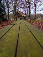 mesas y sillas de madera con capa de moho verde con granja en campo de otoño