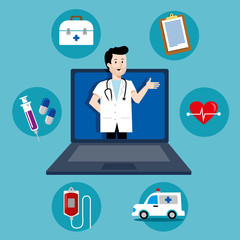 virtual man doctor with laptop coronavirus information