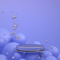 Abstract colorful background of flying blue and metal balls and a circular disk stand for objects. 3D podium for items. Copy space. 3D illustration